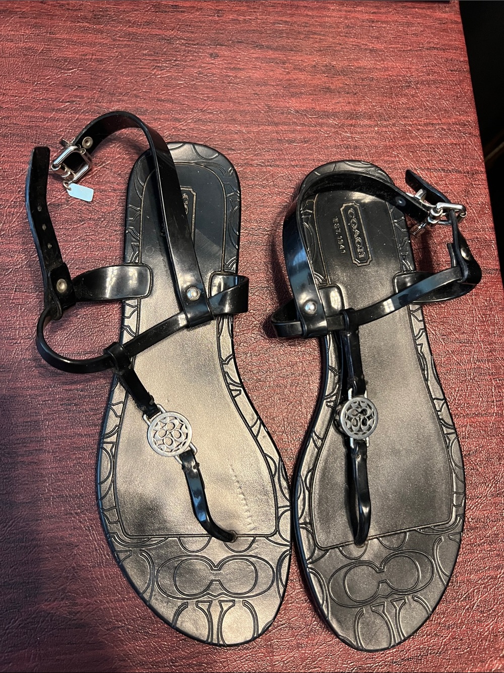Coach Black Patent Leather T-Strap Sandals